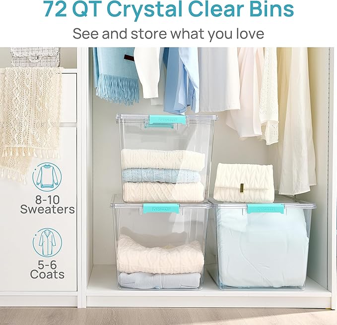Vtopmart 2 Pack 72 QT Crystal Clear Storage Bins with Lids, 4 Pack Stackable Plastic Large Latching Boxes Totes Tubs Container for Closet Organizers and Storage, Bedroom, Clothes, Toys, Bedding