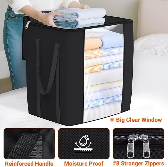 120L Extra Large Clothes Storage Bags, Foldable Blanket Storage and Organization, Thick Fabric Containers with Reinforced Handles & Zippers for Clothing, Comforters, Bedding, Black, 2 Pack