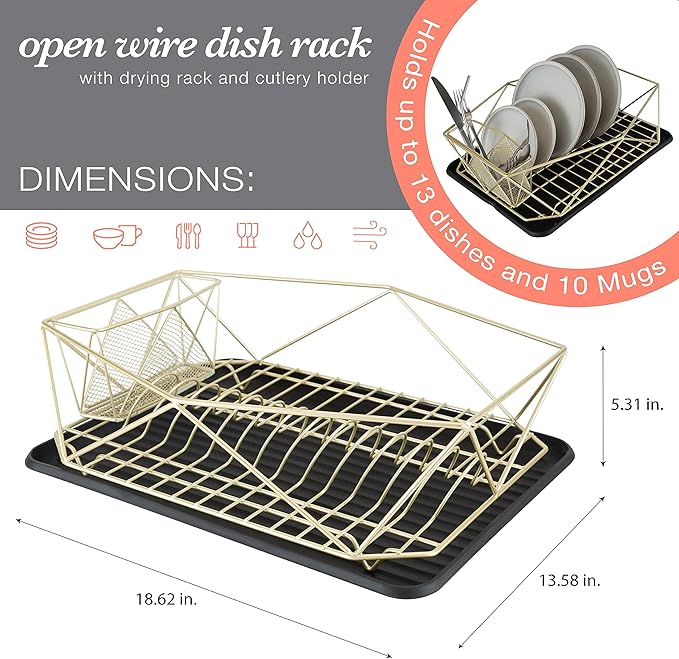 Kitchen Details Geode Deluxe Dish Drying Rack with Drain Board | Cutlery Basket | Utensil Holder | Iron Frame | Satin Gold