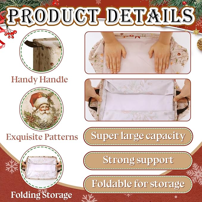 4 Pack Christmas Storage Bin Collapsible Large Christmas Storage Baskets for Gifts Xmas Tree Canvas Laundry Basket Foldable Box with Handle for Office Home Bedroom Clothes Toys Holiday Decor
