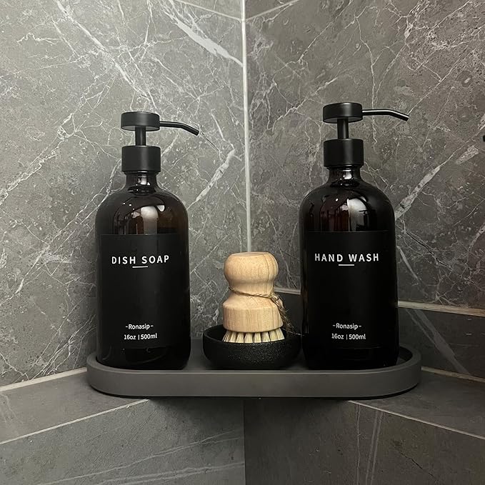 Set of 5 Kitchen Soap Dispenser Set 16 Oz Glass Hand Dish Soap Dispenser with Stainless Steel Pump, Cement Tray, Dish Scrub Brush for Farmhouse Rustic Home Bathroom Decor (Brown)