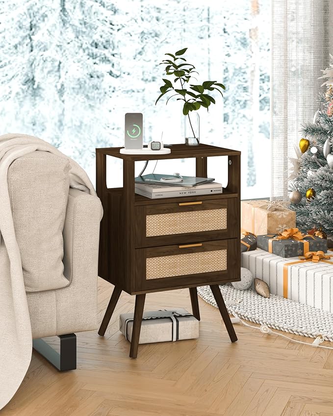 Veegle Rattan Nightstand with Charging Station,Modern Bedside Table with 2 Storage Drawer and Open Wood Shelf, for Bedroom and Small Spaces,Night Stand with Solid Wood Legs (Walnut Brown)
