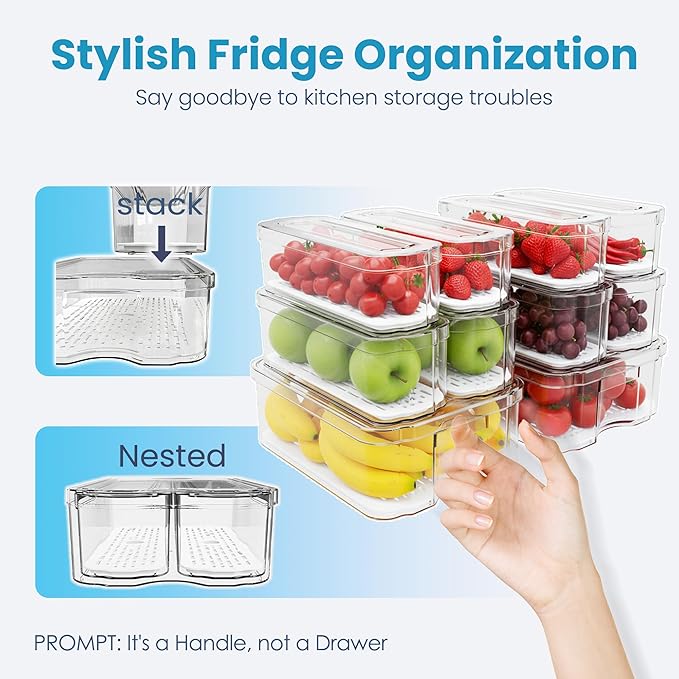 10 Pack Refrigerator Organizers, Clear Container and Organizer Bins with Lids, Stackable Storage Containers for Fruits, Vegetable (Set of 10)