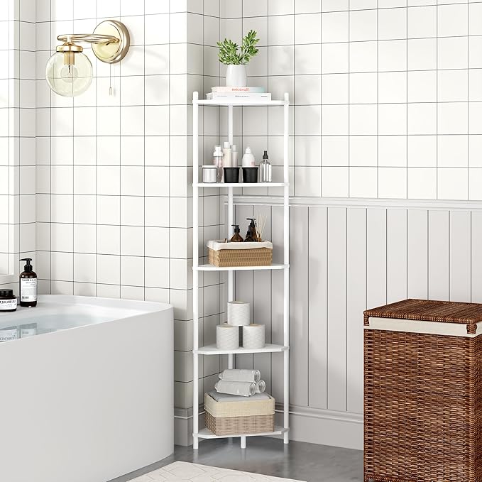 Corner Shelf Stand - 5 Tier Bamboo Small Corner Bookshelf for Office Kitchen Bedroom Plant Stand Living Room Decor Small Space (White, 5 Tier)