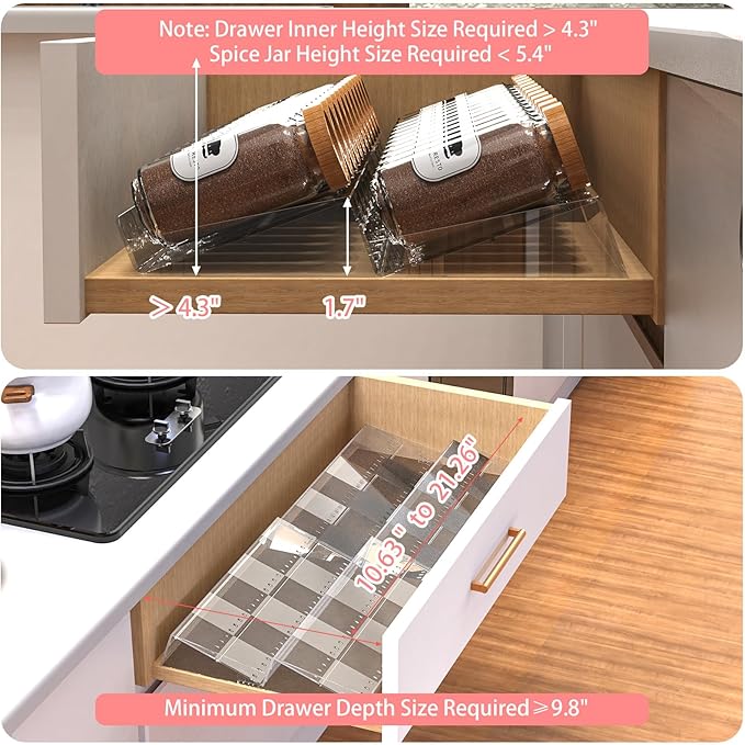4-Tier Non-Slip Spice Drawer Organizer, 4-Pack Checkered Frosted Clear Acrylic, Expandable (11''-22'') Spice Rack for Kitchen Drawer Storage – Holds Seasonings, Herbs, and Spices (Jars Not Included)