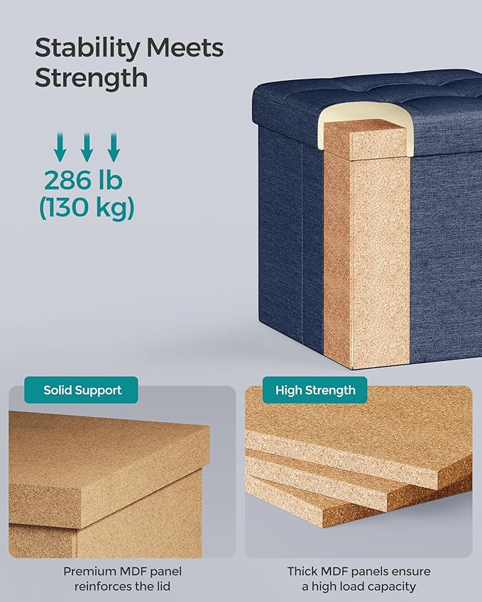 SONGMICS Storage Ottoman, Foldable Small Ottoman Foot Rest, 11.8 Inches Foot Stool, Cube Ottoman with Storage, Load up to 286 lb, for Living Room, Bedroom, Dorm, Midnight Blue ULSF028Q02