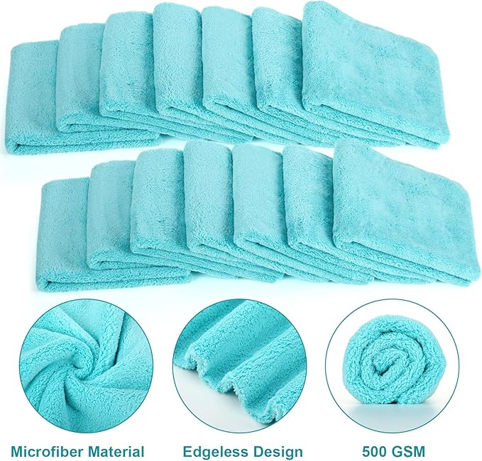 Shimeyao 30 Pcs 16 x 16 Inch Edgeless Microfiber Plush Towels for Cars Detailing Drying Wash Polishing Absorbent Cleaning Cloths, 500 GSM (16 x 16 Inch, Teal Blue, 30 Pcs)