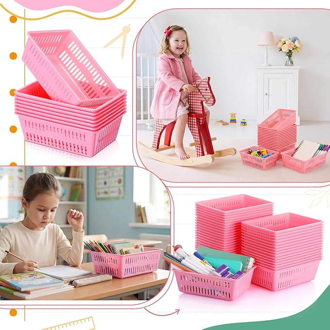 Sherr 36 Pack Classroom Storage Basket Small Plastic Basket for Organizing Crayon Pencil Container Storage Bin Tray Holder for Paper Shelf Back to School Office Supply 6.1" l x 4.3" w x 2.4" h(Pink)