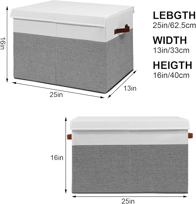 Large Toy Storage Box with Lid, Sturdy Toys Storage Chest Bin Organizer Basket with Dividers for Kids, Boys, Girls, Nursery, Closet, Bedroom, Playroom 25"x13" x16" (Grey and White)