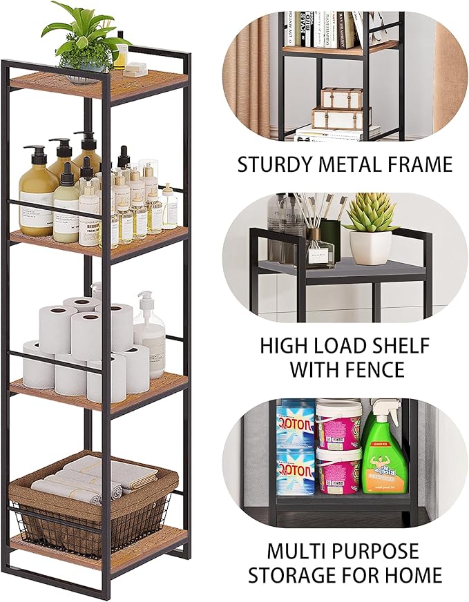 BYFU 4 Tier Bathroom Storage Open Shelf, Freestanding Metal Corner Storage Rack Shelving Unit for Bathroom Kitchen Living Room Hallway, Rustic Brown