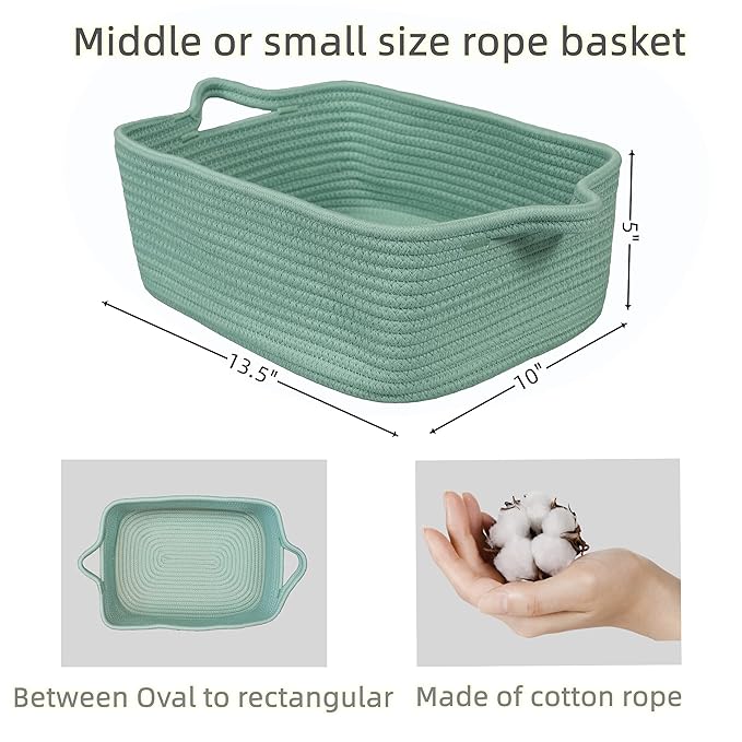 Woven Cotton Rope Storage Basket with Handles for Organizing Shelves Closet Small Cat Dog Pet Toy Baskets Box Bin Decorative Rectangle Baby Nursery Basket Gift Basket Empty (Light Green)