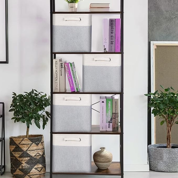 Storage Cubes 13x13x13 Inches Fabric Storage Cube Bins Boxes Foldable Storage Baskets Cube Storage Shelf Inserts with Handles Earth-Green and Beige Patchwork Pack of 3
