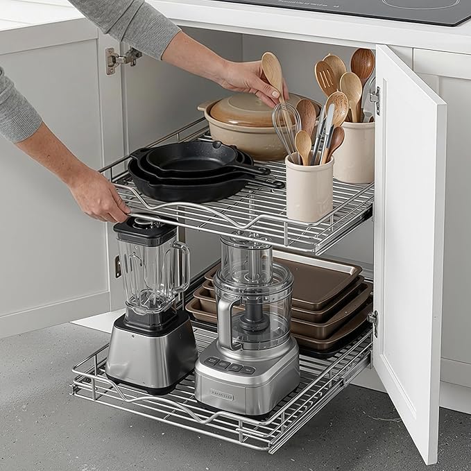 2-Tier Pull-Out Cabinet Organizer with Heavy-Duty Steel Frame, Full-Extension Sliding Shelves, Holds 100 lbs, Easy Install for Kitchen, Pantry & Under Sink Cabinets, 15" W x 21”D x 16.5" H