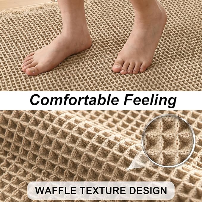 JIUZHEN Set of 2 Waffle Bath Mats Non Slip Waffle Bathroom Runner Rug Washable Boho Runner Bath Rugs Super Absorbent Shower Mat for Bathroom Kitchen Hallway Laundry, 16" x 24" +24" x 48", Brown