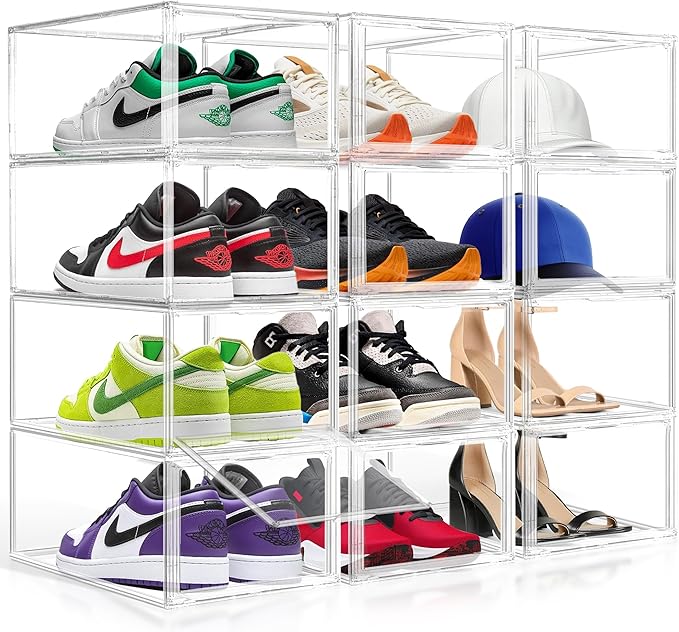 1 Pack Drop-Front Clear Shoe Storage Box Acrylic Box Shoe Organizer Size 12, Stackable Shoe Cases with Magnetic Door Storage Cubbies for Sneaker Containers Boot Display & Closet Organization