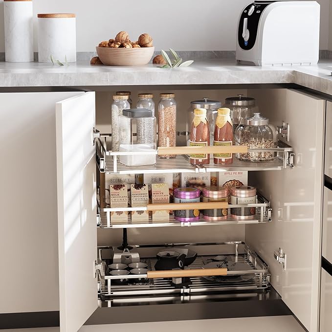 jkxoo 2Pack Expandable Pull Out Cabinet Organizer, Adjustable Width:12.3~18.5''W x 22.5''D Under Sink Organizer, Drawer Storage Shelves for Kitchen, Bathroom, Closet, Pantry, Cupboard, Pots, Pans