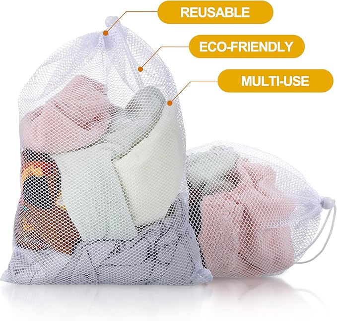 TecUnite 10 Pcs Mesh Bags Drawstring Laundry Bags Large Nylon Mesh Gift Dishwasher Bag with Sliding Drawstring for Kitchen Jewelry Gifts Wedding Favor Home(24 x 36 Inch,White)