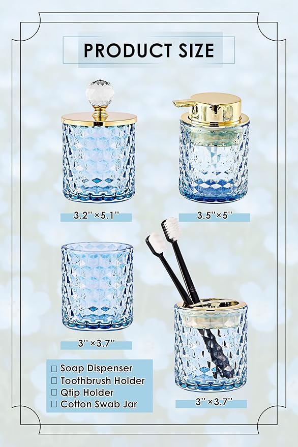 Blue Bathroom Accessories, 4Pcs Blue Bathroom Accessory Set Complete, Toothbrush Holder Set, Soap Dispenser, Qtip Holder, Tumbler, Perfect for Bathroom Decor and Vanity