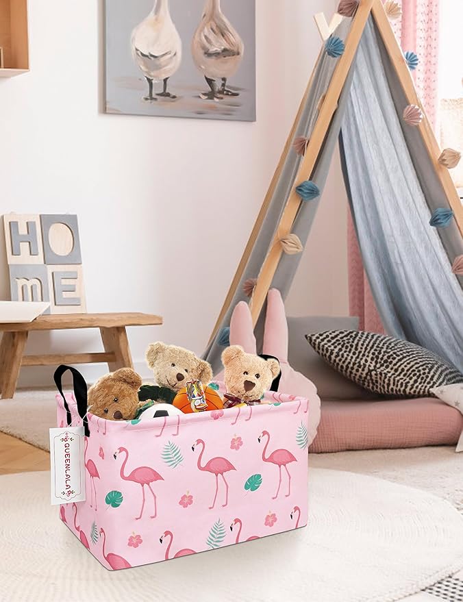 QUEENLALA Rectangular Laundry Hamper/Foldable Nursery Laundry Basket for Organizing/Storage Bin Baskets/Children Toy Office Bedroom/Toy Bin Closet Shelf Baskets（Rec-Pink Flamingo）