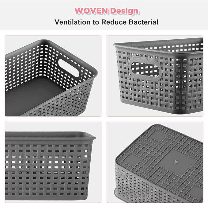 AREYZIN Small Storage Bins Plastic Storage Baskets Set of 6 Sturdy Small Pantry Organizer Bins Organization and Storage Shelves Baskets for Organization, Countertops, Desktops, Cabinets, Bedrooms