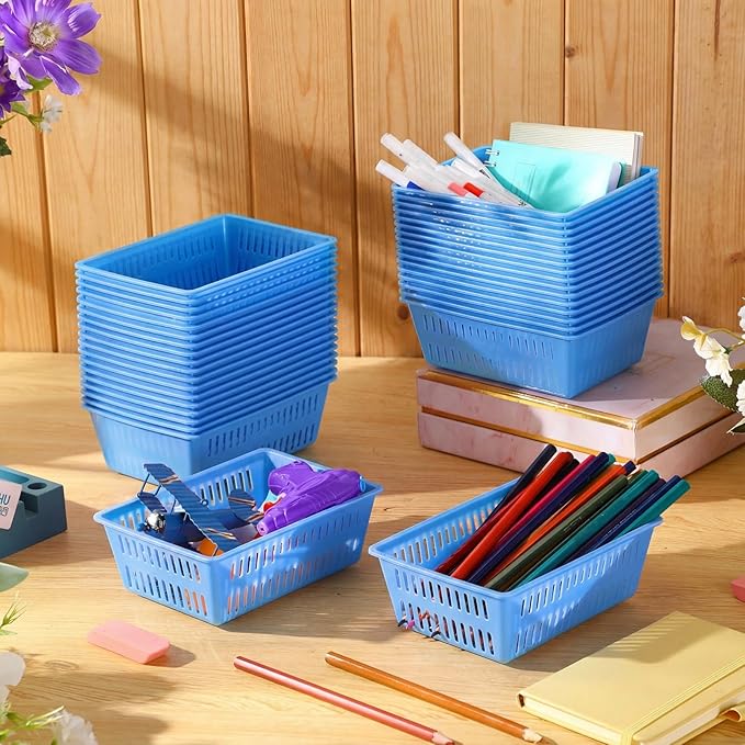 Sherr 36 Pack Classroom Storage Basket Small Plastic Basket for Organizing Crayon Pencil Container Storage Bin Tray Holder for Paper Shelf Back to School Office Supply 6.1" l x 4.3" w x 2.4" h(Blue)