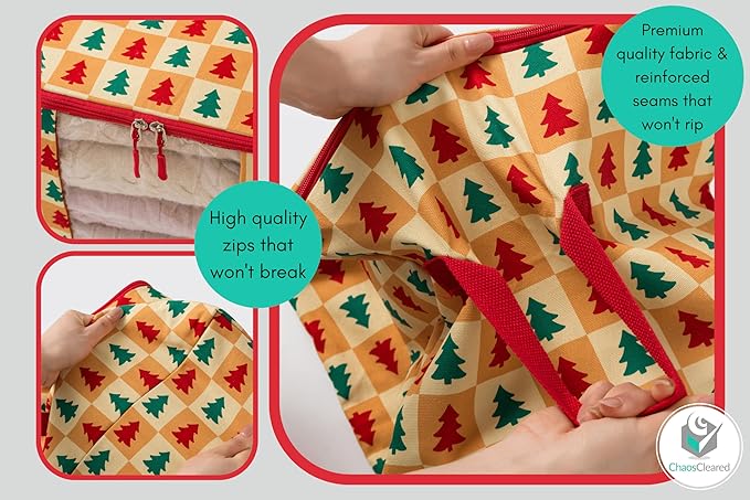 Canvas Storage Bags 2 Pack Designer Clothes Organizer bags for sweaters, clothing, garments, quilt, linens, large folding organizers with zip & window, moth proof space saver - Christmas tree print