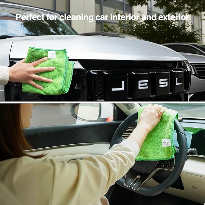 Ninia Microfiber Cleaning Cloths, 12 Pack Green 35x35cm, 350 GSM Thick & Absorbent, Lint-Free & Scratch-Safe Towels for Kitchen, House, Car, Glass & Electronics