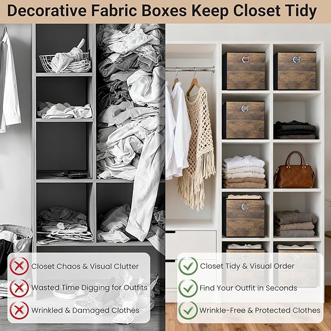 6-Pack Durable Storage Cube Bin with Decorative Wood Grain,Thickened Fabric Box,Storage Basket for Shelf,Closet,Storeroom,Bedroom,Living Room,Nursery,Office,Dorm,RV,13x13x13in,Brown with Black(Large)
