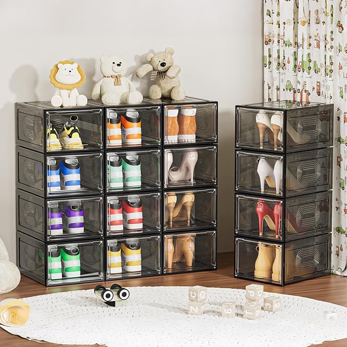 caktraie 6 Pack Thicken Shoe Organizer Stackable,Upgraded Sturdy Shoe Storage Box with Magnetic Door,Shoe Containers For Sneaker Display,Hat Organizer,Black