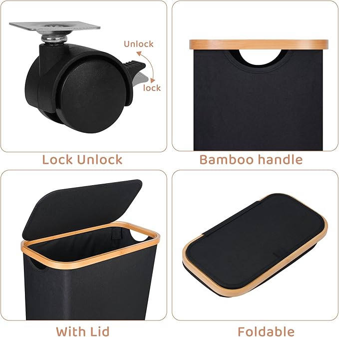Slim Laundry Basket with Wheels,Narrow Hampers for Laundry,Freestanding Laundry Hamper with Lid&Bamboo Handles,Collapsible & Waterproof Tall Cloth Hamper for Dorm Family(60L Black)