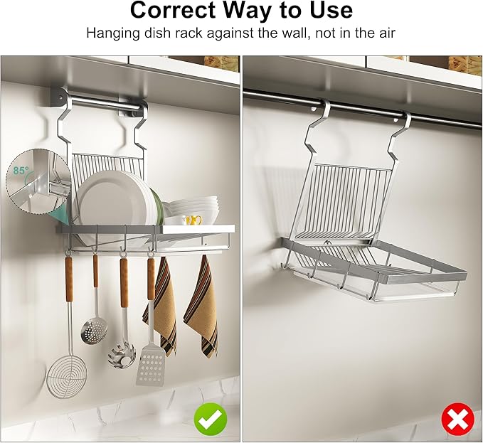 TQVAI Over Sink Dish Drainer Drying Rack, Stainless Steel Foldable Wall Mounted Dish Racks with Drainboard Hanging Rod and Sponge Holder, Silver