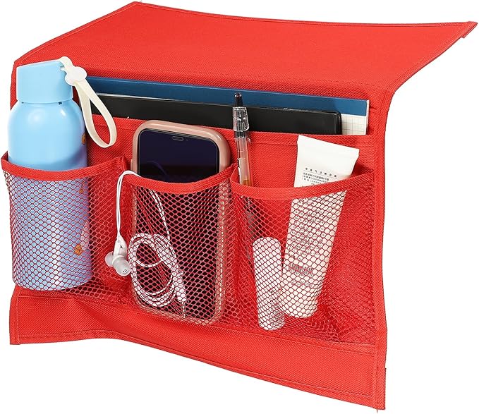 PATIKIL Bedside Caddy, Bed Caddy Bedside Organizer Bed Hanging Caddy 4 Pockets Bed Pockets Bedside Storage Hanging Storage Bag for Remote Control Bedroom Phones Glasses, Red