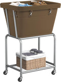 ELYKEN Laundry Cart with Wheels, Rolling Laundry Hamper with Removable Bag and Shelf, Metal Frame Laundry Basket with 4 Casters and 2 Brakes, Ideal for Bedroom, Bathroom, Laundry Room, Camel Brown