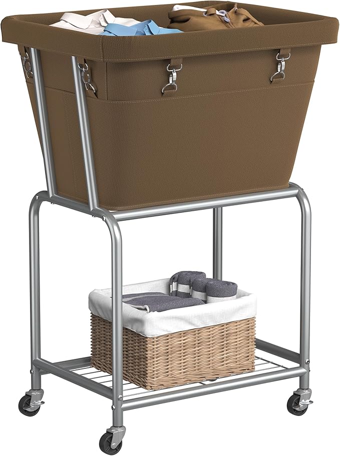 ELYKEN Laundry Cart with Wheels, Rolling Laundry Hamper with Removable Bag and Shelf, Metal Frame Laundry Basket with 4 Casters and 2 Brakes, Ideal for Bedroom, Bathroom, Laundry Room, Camel Brown