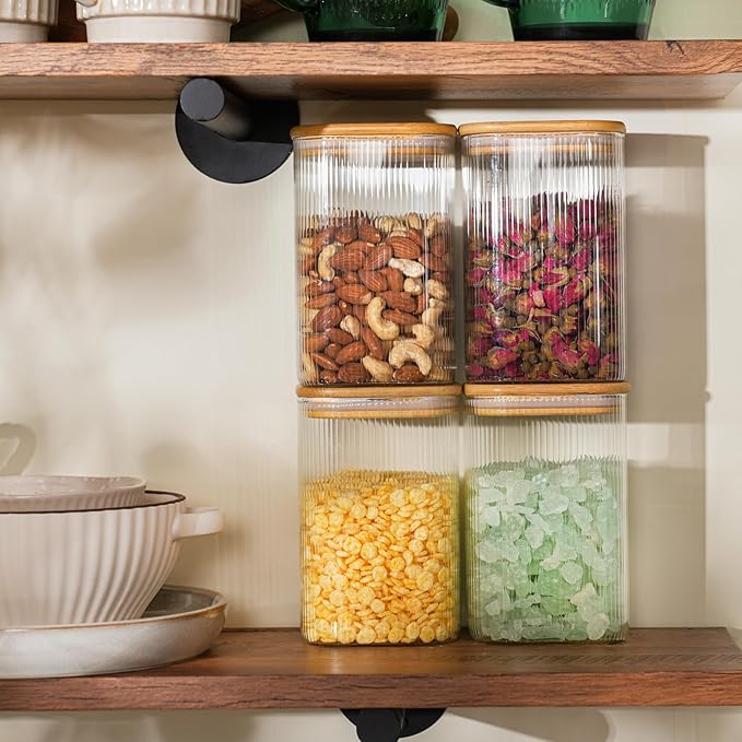 D2scrma 37oz Airtight Glass Square Storage Canisters with Bamboo Lids Set of 6 (1100ml) Striped Stackable Containers, Decorative Kitchen Jars for Tea, Nuts and Coffee (‎with Black Lable)