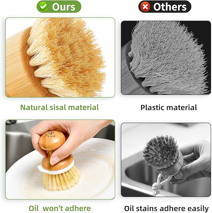 SUBEKYU Dish Brush, Bamboo Dish Scrubber Brush Set with Tray, Natural Kitchen Dishwashing Scrub Brush for Cleaning Dishes/Pans/Pots, Built-in Scraper, Natural Sisal + Palm Bristles, Set of 2