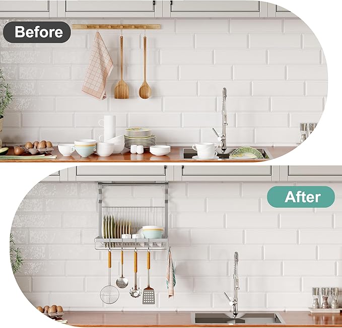 TQVAI Over Sink Dish Drainer Drying Rack, Stainless Steel Foldable Wall Mounted Dish Racks with Drainboard Hanging Rod and Sponge Holder, Silver