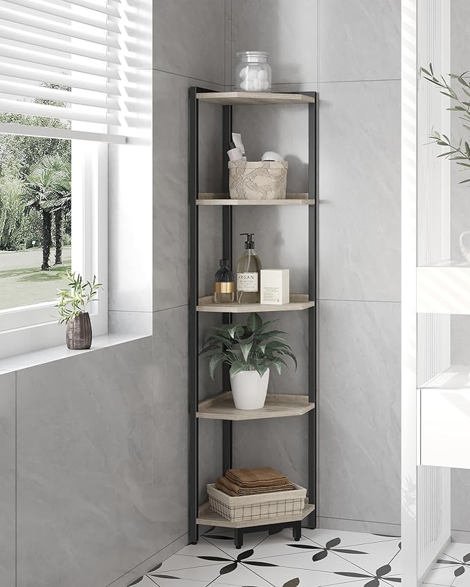 Corner Shelf Stand, Corner Bookshelf, Storage Standing Shelf Unit with Metal Frame, Plant Stand, Bookcase for Living Room, Home Office, Bedroom, 5-Tier Greige CS05905B