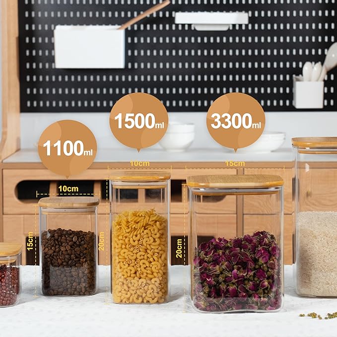 D2scrma 122oz Airtight Glass Square Storage Canister with Bamboo Lid Set of 1 (3600ml) Gallon Glass Jars Large Kitchen Canister for Sugar, Flour, Cookies and Coffee beans (‎with Black Lable)