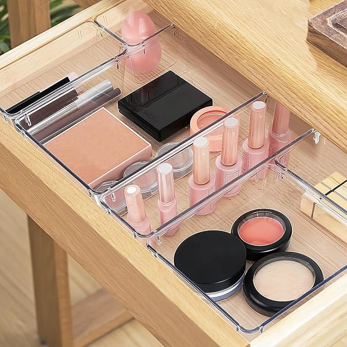 25 PCS Drawer Organizer Set, 4 Varied Size Bathroom and kitchen Drawer cabinet organizer Trays, Clear Storage Bins for Makeup, Jewelry, Utensils and Gadgets