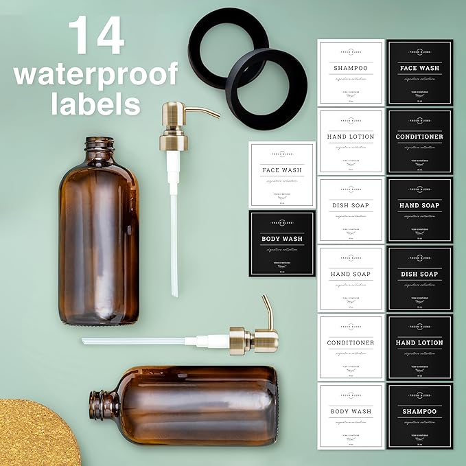 Vine Creations Amber Glass Soap Dispenser, 2 Pack Kitchen Soap Dispenser Set with Stainless Steel Pump, 16 oz Dish Soap and Hand Soap Dispensers for Bathroom with Waterproof Labels and Protective Pads