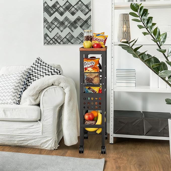 TORIBIO 4 Tier Slim Storage Cart, Narrow Kitchen Rolling Cart with Wheels for Small Space,Mobile Utility Cart Shelving Unit with Metal Frame and Wooden Top for Kitchen, Bathroom, Laundry Room
