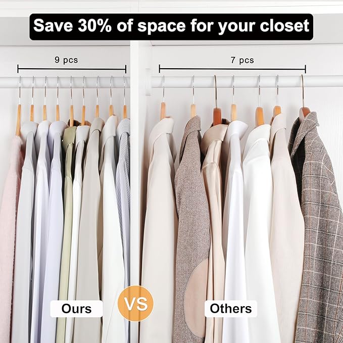 TOPIA HANGER Wooden Hangers 30 Pack, 0.28-inch Slim & Durable Clothes Hangers Space Saving, Natural Wood Hanger with 360°Swivel Hook and Non-Slip Shoulder Notches for Coat,Shirt, Camisole, Dress-CT51N