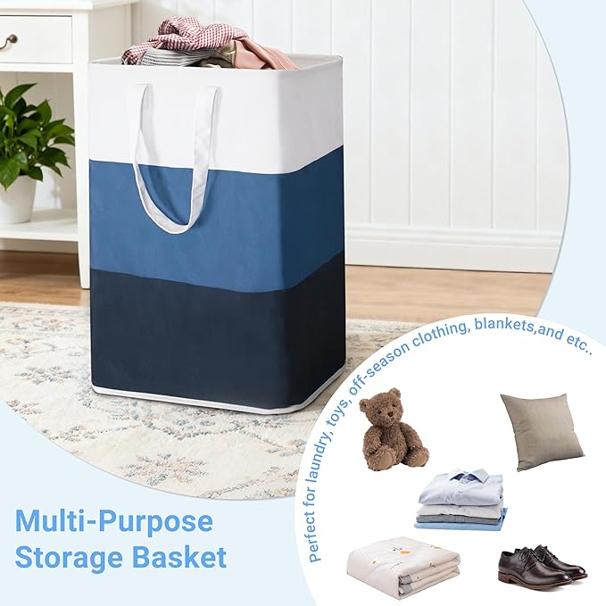 Stylish Freestanding Laundry Hamper with Portable Handles,72L Foldable Laundry Basket with Waterproof Liner,Bathroom Dirty Clothes Hamper,Multi-purpose Storage Bag Space-saving for Home,Dorm,RV(Blue)