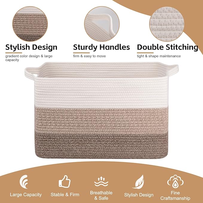 OIAHOMY Large Storage Basket, Cotton Rope Woven Blanket Basket, Toy Bin for Baby Room, Container for Blanket Storage in Living Room, 20''×16''×12'', Gradient Brown