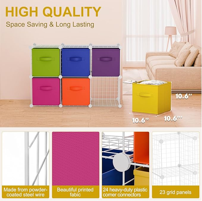 Leinuosen 6 Cube Storage Organizer with Fabric Bins, Wire Grid Stackable Shelves, Drawer Closet Organizer, Modular Storage Units for Bedroom Living Room Office Clothes Toys Crafts(White,Colorful)