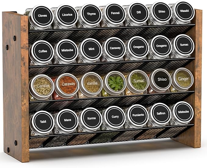 NESAPTO Spice Rack Organizer for Cabinet, Wooden 4 Tier Vertical Seasoning Organizers for Kitchen Pantry, Countertop/Wall Mount, Holds 28 Spice Jars (No Jars Included), 14" W × 9.4" H
