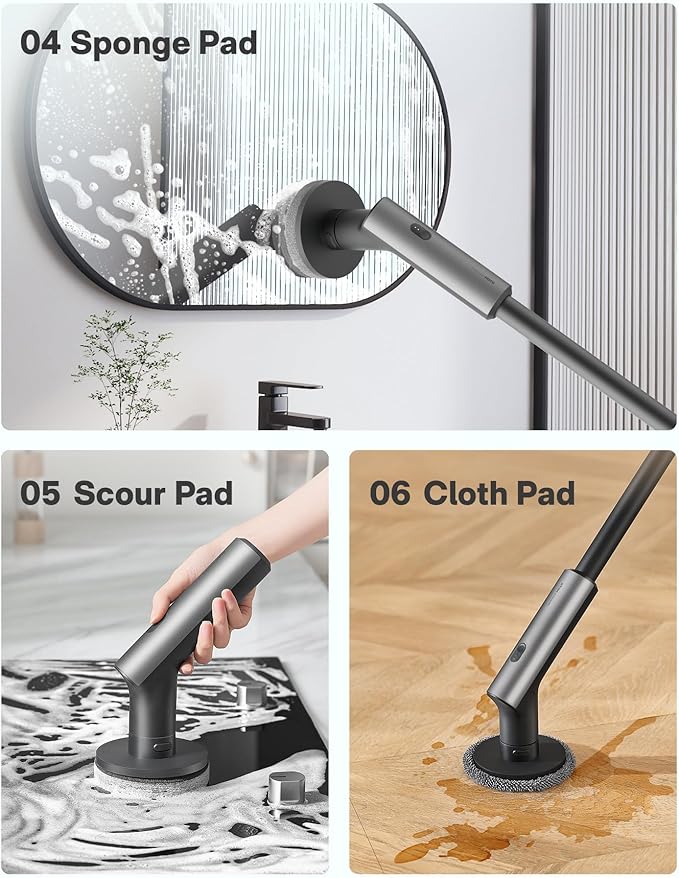 HOTO Cordless Electric Spin Scrubber, IPX7 Full Body Waterproof Bathroom Cleaning Brush, Max 22 in-lb, Shower Scrubber Brush with Long Handle, 6 Brush Heads, Power Scrubber for Bathroom, Floor, Tile