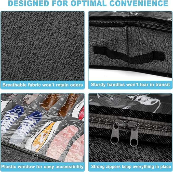 Under Bed Shoe Storage Organizer for Closet, Fits 32 Pairs Underbed Shoes Box Storage Containers Under the Bed Storage Foldable with Sturdy Handles&Clear Window for College Dorms Grey, Set of 2