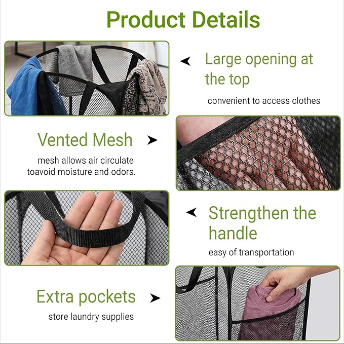 BATTOO Deluxe Strong Mesh Pop up Laundry Hamper Basket with Side Pocket for Laundry Room, Bathroom, Kids Room, College Dorm or Travel 2 Pack Black